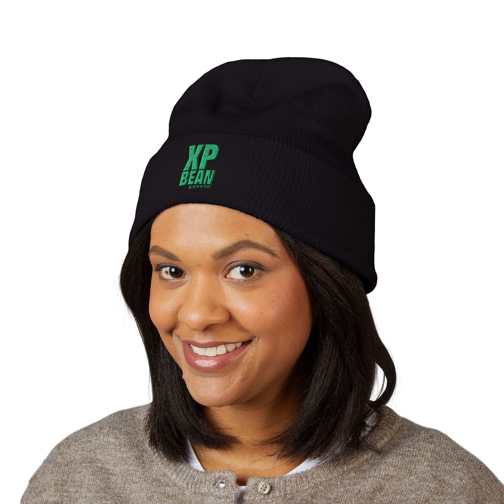 Embroidered 'XP BEAN' Cuffed Beanie - Green Logo Knit Hat