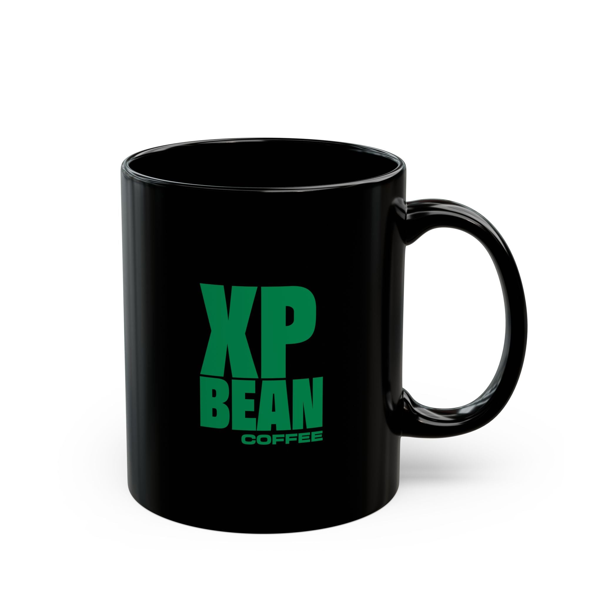 XP Bean Coffee Black Mug — Bold Green Logo Ceramic Coffee Cup (11oz & 15oz)