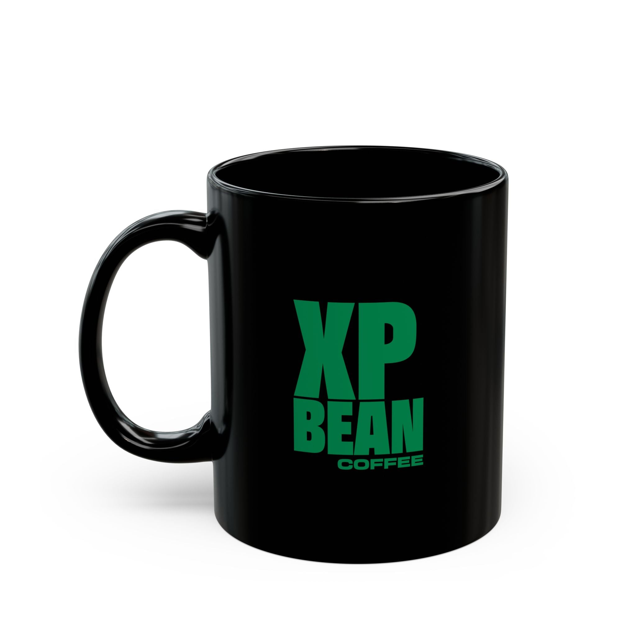 XP Bean Coffee Black Mug — Bold Green Logo Ceramic Coffee Cup (11oz & 15oz)
